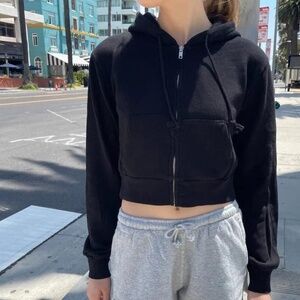 Brandy Melville Crystal Black 75% Cotton Zip-Up Drawstring Hoodie – One Size
